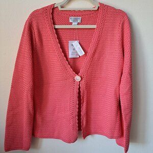Talbots Salmon Pink Single Button Crocheted Cardigan Size L New With Tags